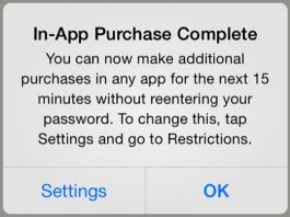 iOS 7.1: Apple affiche un message d’avertissement des 15mn d’achats intégrés sans mot de passe