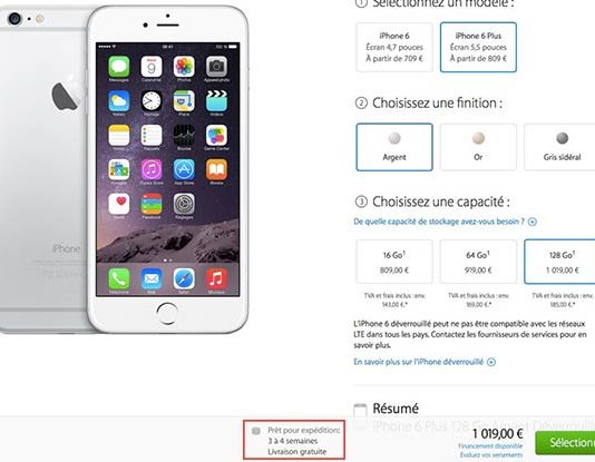 iPhone 6 Plus : Rupture de stock sur les 64Go et 128Go, 3 à 4 semaines d’attente
