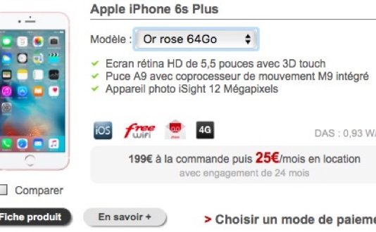 Free Mobile propose l’iPhone 6s Plus 64Go en location pour 25€ par mois