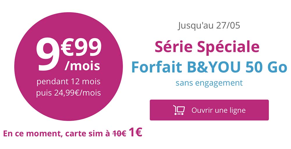 Bouygues, l'offre B&You 50Go d'Internet à 10€/mois valable jusqu'au 27 mai