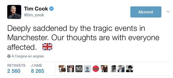 Tim Cook présente ses condoléances aux victimes de l'attentat de Manchester