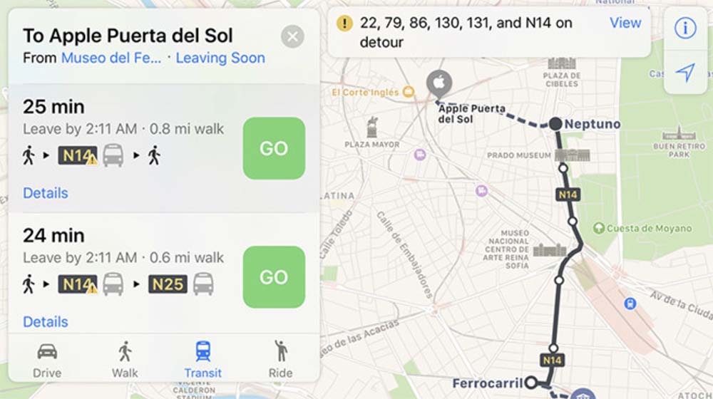 Apple Plans : les transports en commun débarquent à Madrid