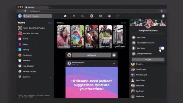 Facebook - interface Web avec mode sombre