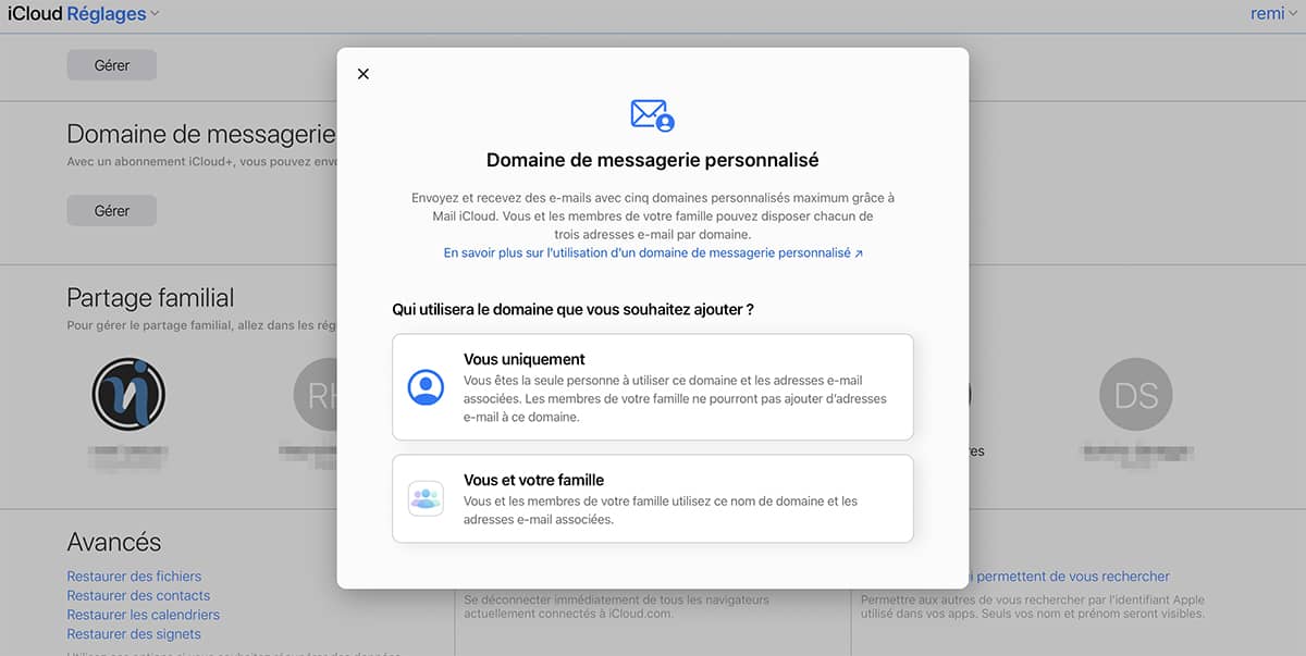 iCloud+, personnalisation du domaine de messagerie