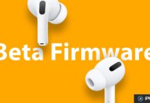 Illustration d’AirPods Pro sur fond orange avec texte beta firmware