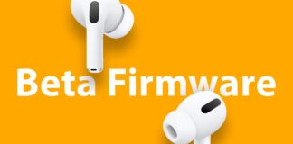Illustration d’AirPods Pro sur fond orange avec texte beta firmware