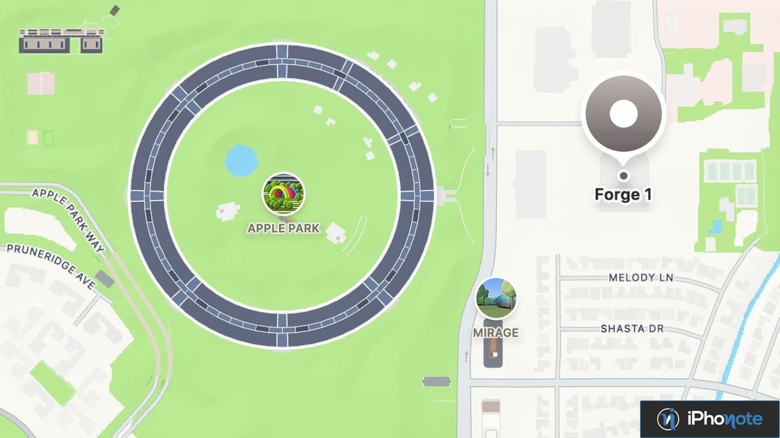 Carte montrant Apple Park et le bâtiment Forge 1