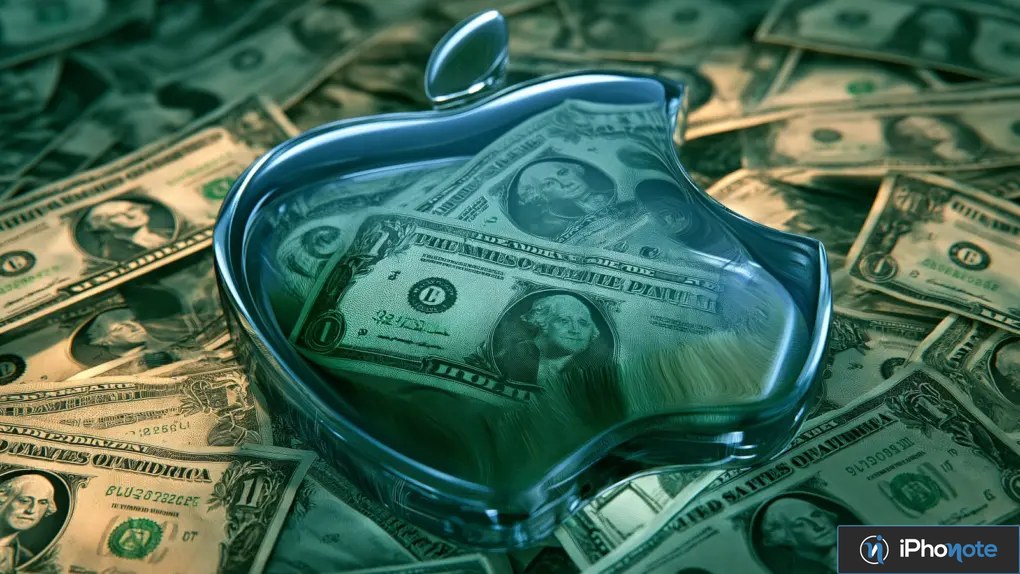 Logo Apple translucide sur un fond de billets de dollars