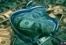 Apple boucle un trimestre de juin record à 109,4 milliards de dollars Logo Apple translucide sur des billets de dollars