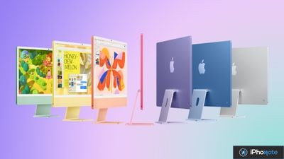 Plusieurs iMac colorés alignés sur fond dégradé