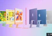 Plusieurs iMac colorés alignés sur fond dégradé