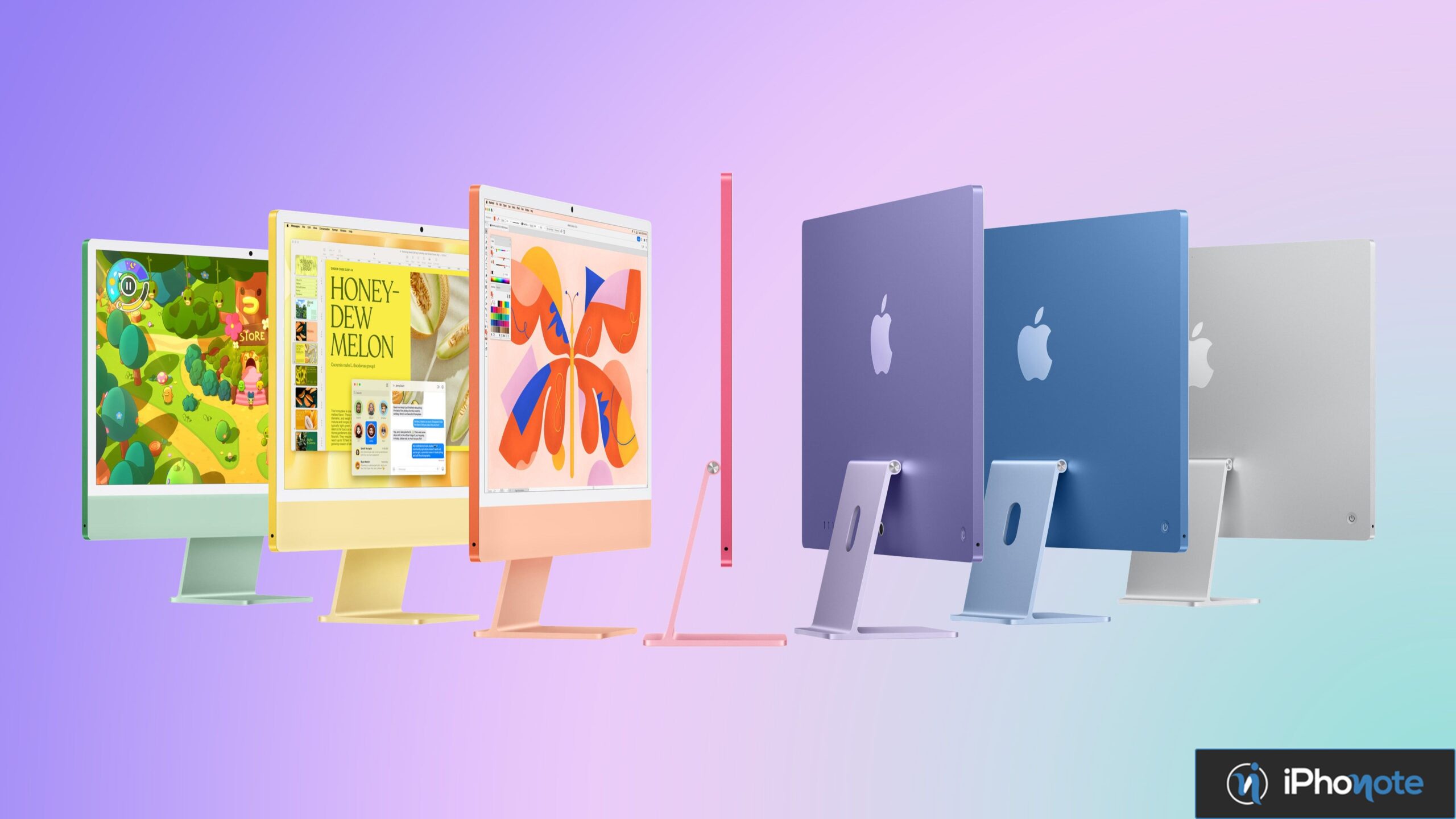 Plusieurs iMac colorés alignés sur fond dégradé