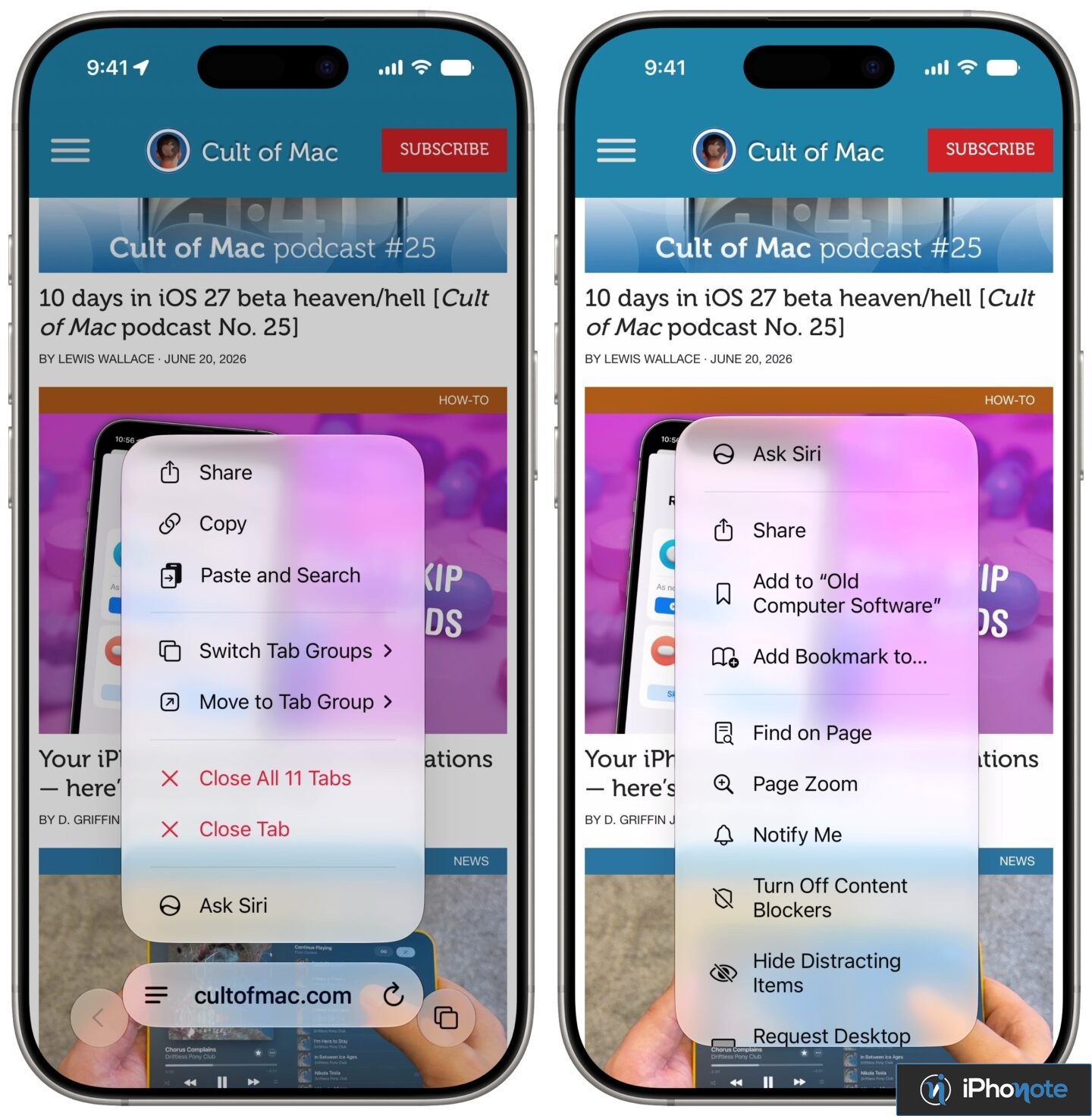 Menu Safari iPhone avec option Ask Siri