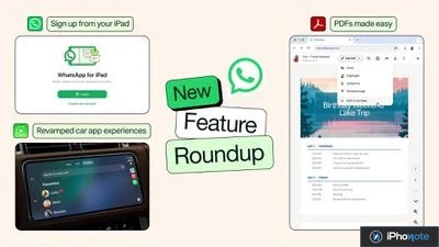 Montage présentant les nouvelles fonctionnalités WhatsApp sur iPad, voiture et PDF.