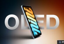 iPad mini OLED : une fuite parle d’un écran 8,4 pouces limité à 60 Hz Rendu d’un iPad mini OLED incliné sur fond dégradé