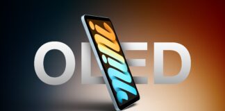 Rendu d’un iPad mini OLED incliné sur fond dégradé