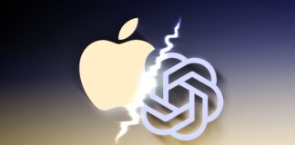Logo Apple face au logo OpenAI séparés par un éclair