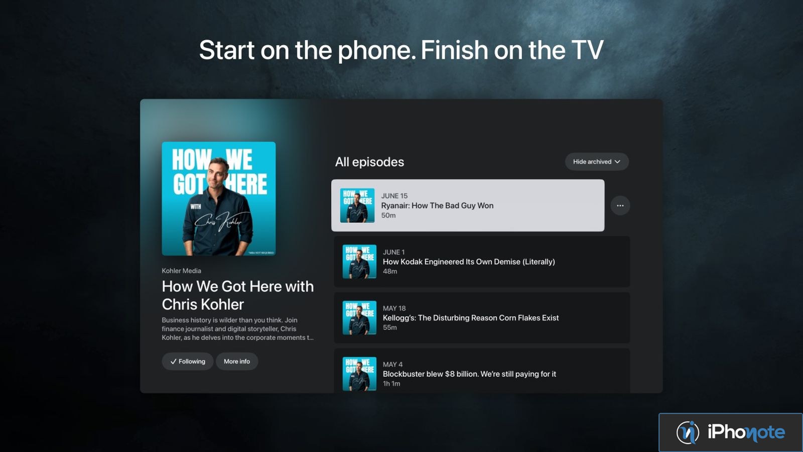 Interface Apple TV d’un podcast dans Pocket Casts