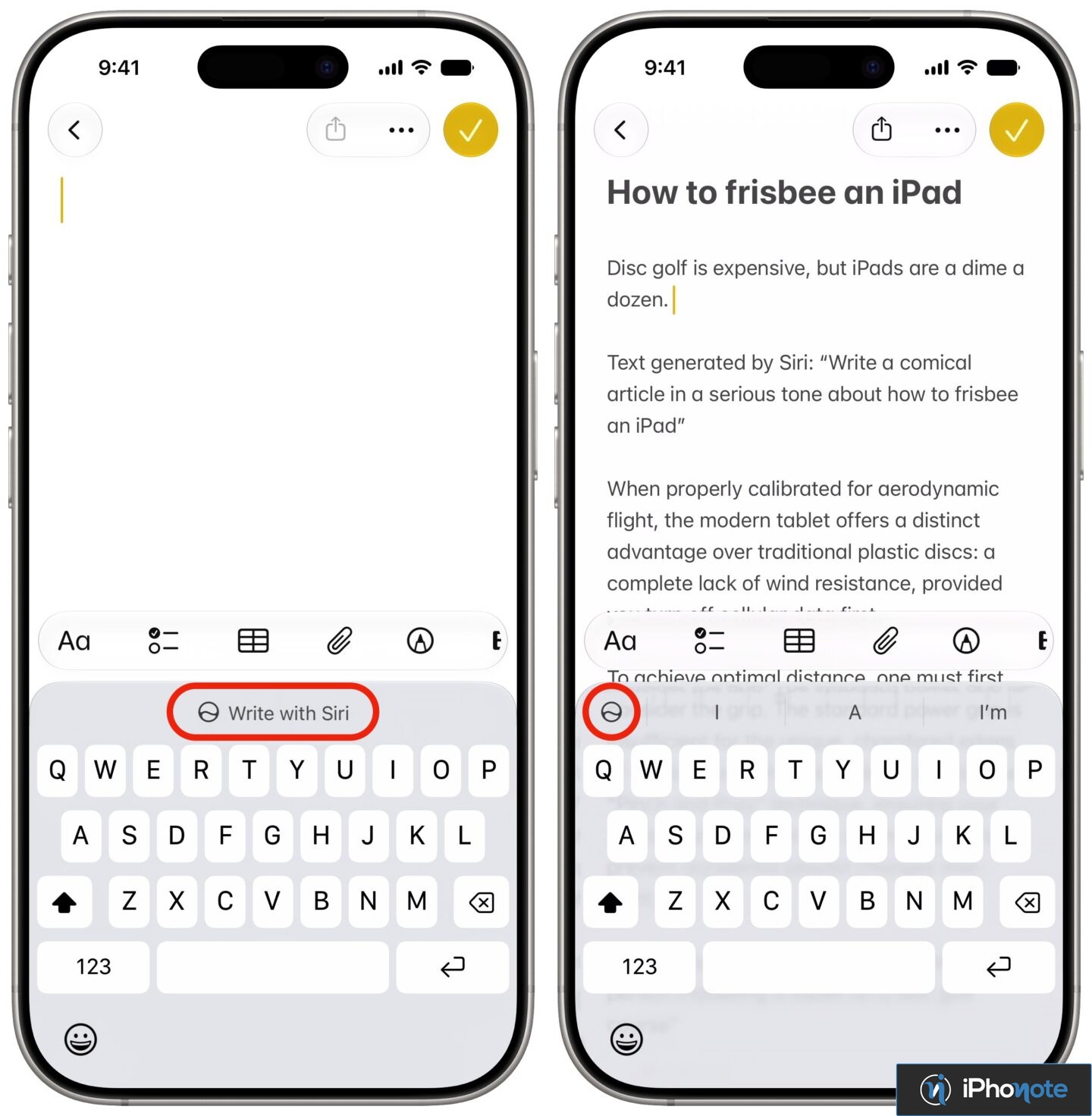 Écran iPhone montrant l’écriture assistée par Siri