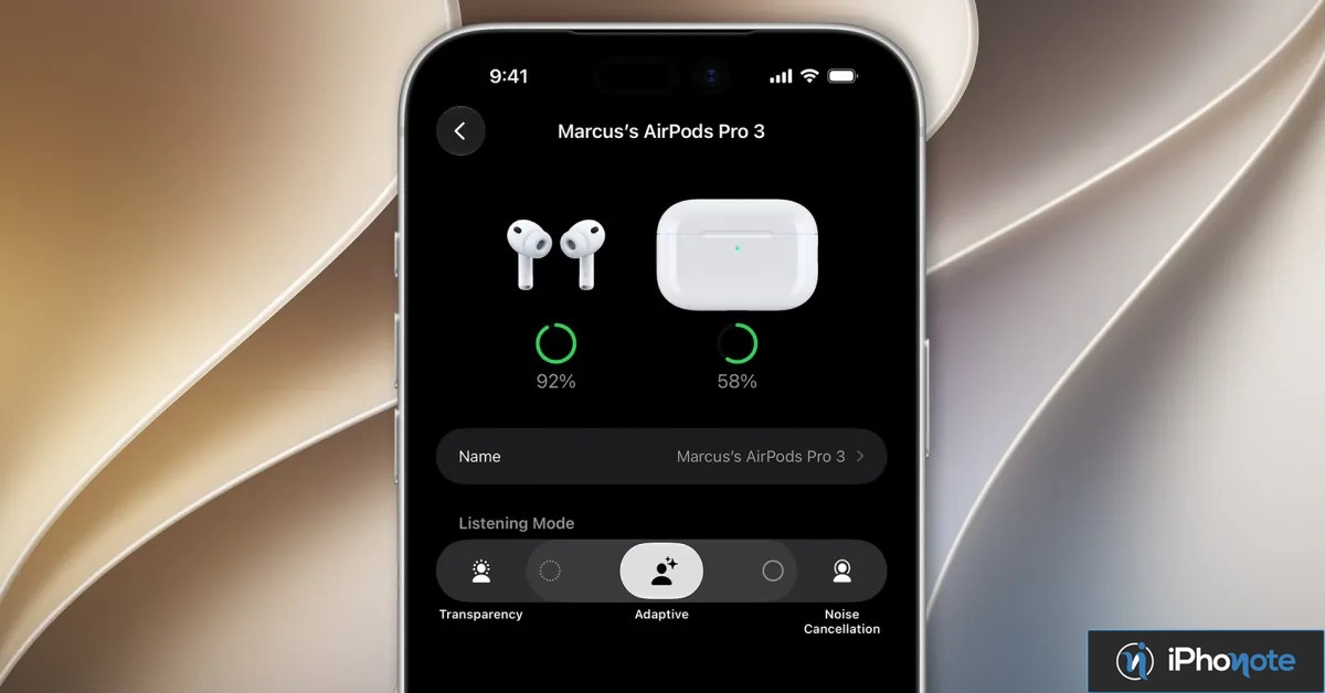Capture d’écran des réglages AirPods Pro avec mode adaptatif