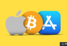 App Store : Apple poursuivi après le vol de 1,8 million de dollars via un faux wallet Bitcoin Logo Apple, Bitcoin et App Store sur fond jaune