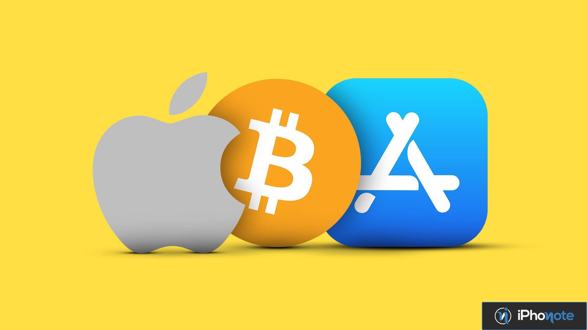 Logo Apple, Bitcoin et App Store sur fond jaune