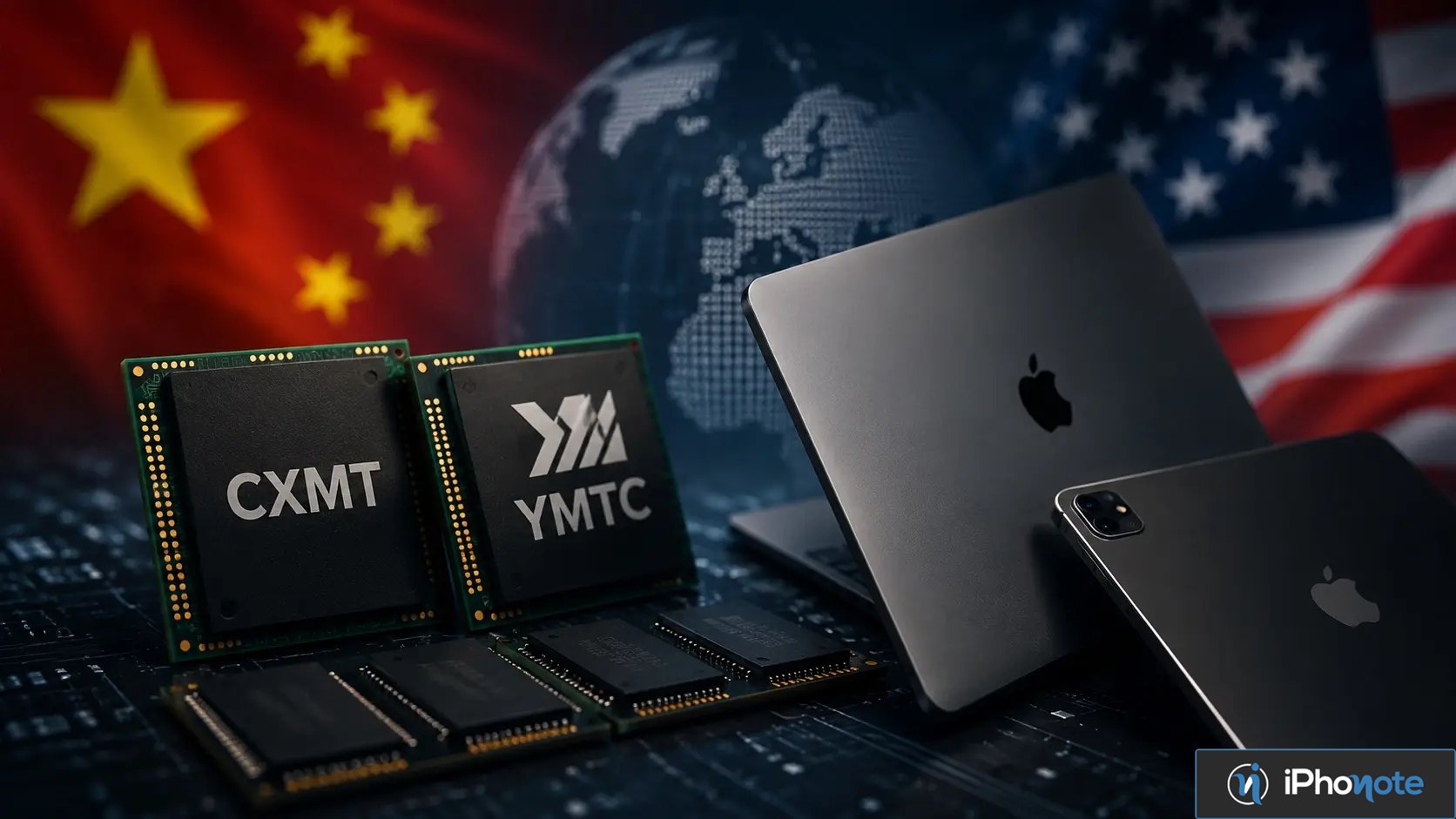 Puces mémoire chinoises et appareils Apple sur fond de drapeaux
