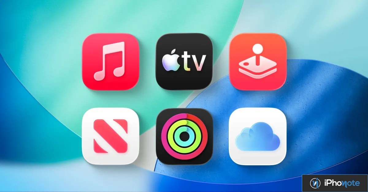 Icônes des services Apple sur fond bleu et vert
