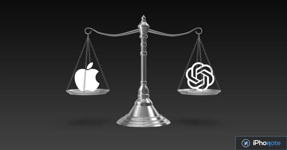 Balance judiciaire avec logos Apple et OpenAI