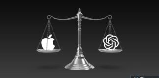 Balance avec logos Apple et OpenAI en opposition