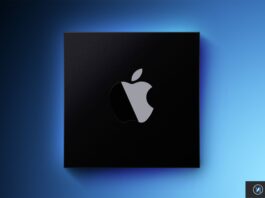 Puce Apple sur fond bleu, illustration de l’IA