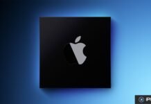 Puce Apple noire sur fond bleu