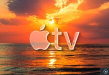 Logo Apple TV sur fond de coucher de soleil