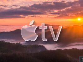 Logo Apple TV sur paysage au coucher du soleil