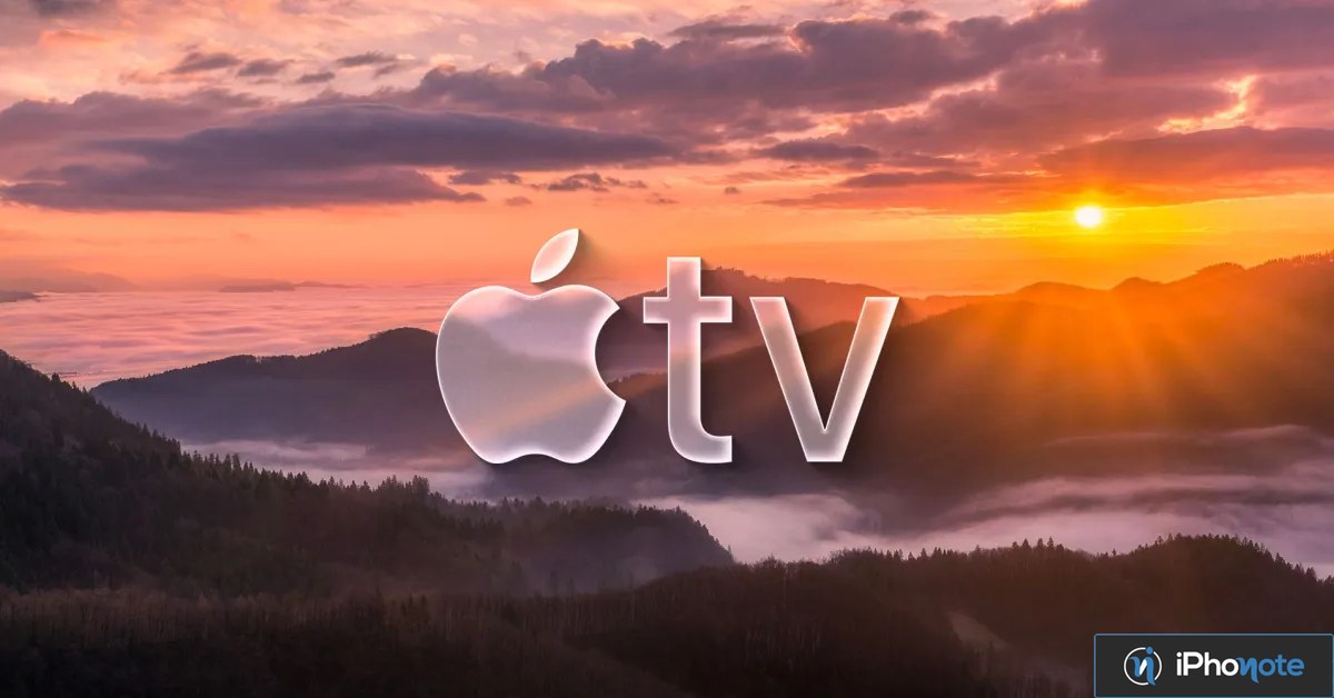 Logo Apple TV sur paysage au coucher du soleil