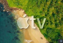 Logo Apple TV sur une plage tropicale vue du ciel