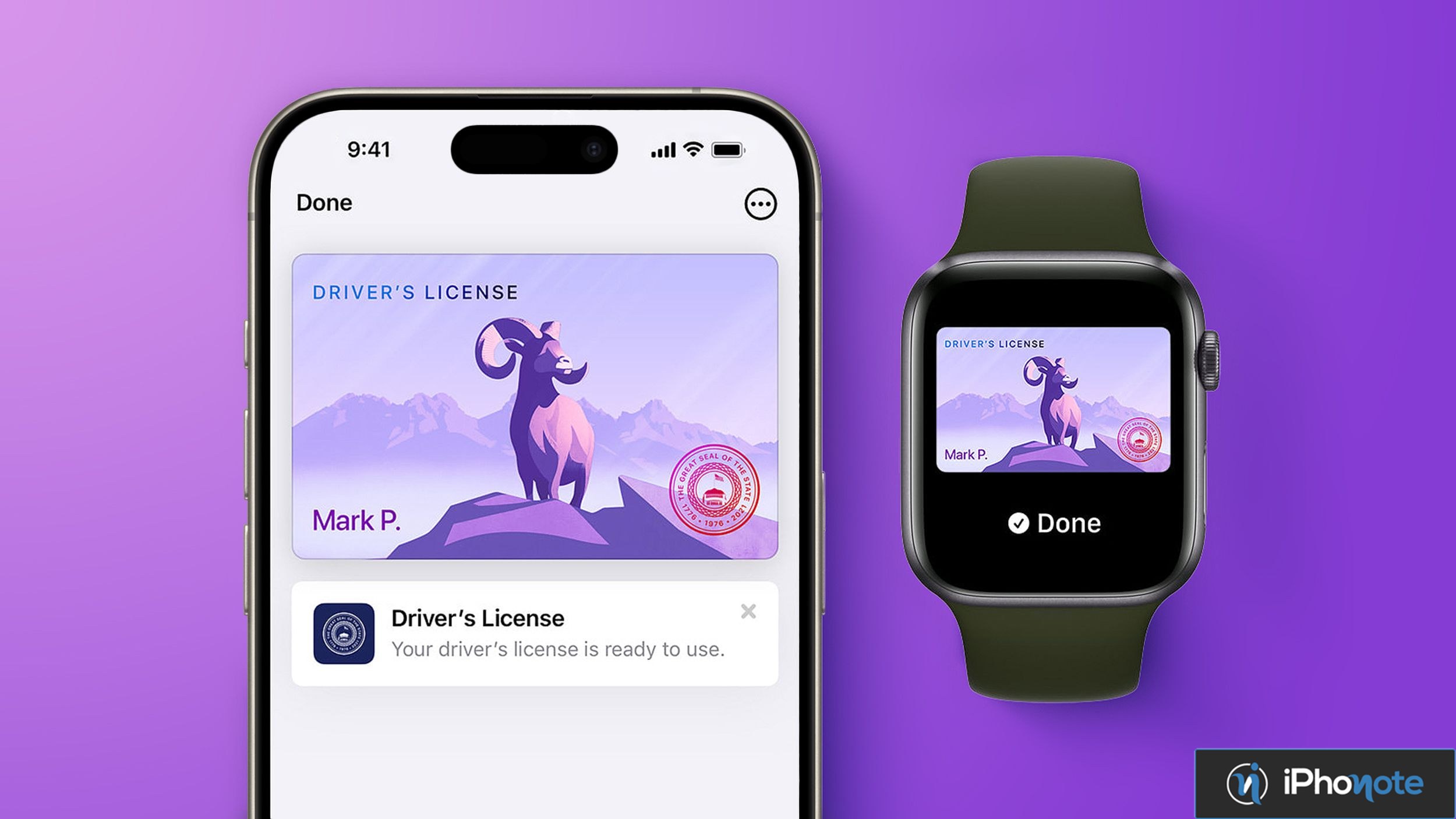 iPhone et Apple Watch affichant un permis de conduire numérique