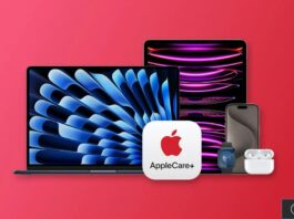 AppleCare+ coûte plus cher sur Mac et iPad pour les nouveaux clients Mac et iPad AppleCare+ sur fond rouge