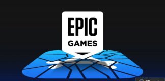 Logo Epic Games sur fond de plateforme bleue fissurée