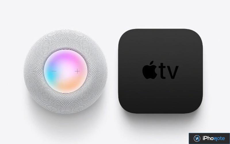 HomePod mini et Apple TV 4K sur fond blanc