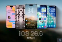 Montage de cinq iPhone avec la mention iOS 26.6 Beta 5