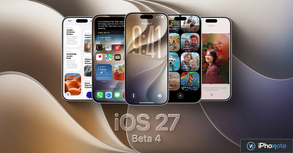 Montage de plusieurs iPhone illustrant iOS 27 beta 4