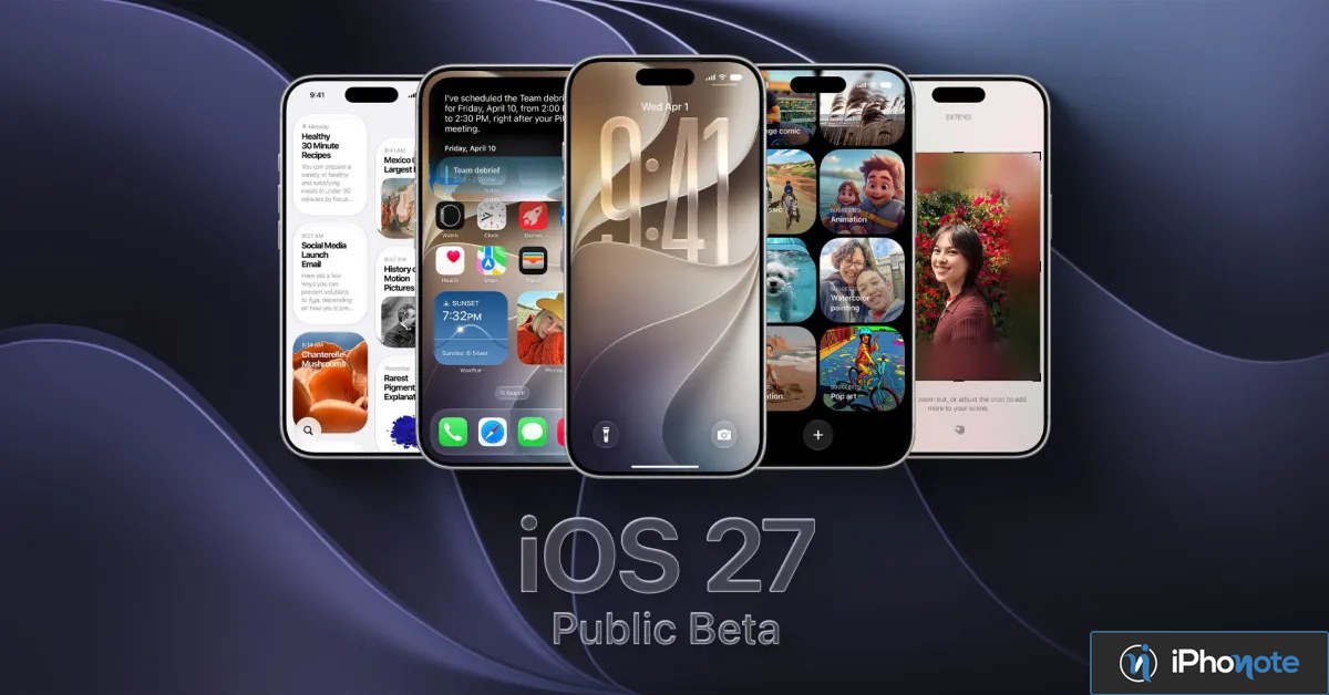 Montage d’iPhone présentant iOS 27 public beta
