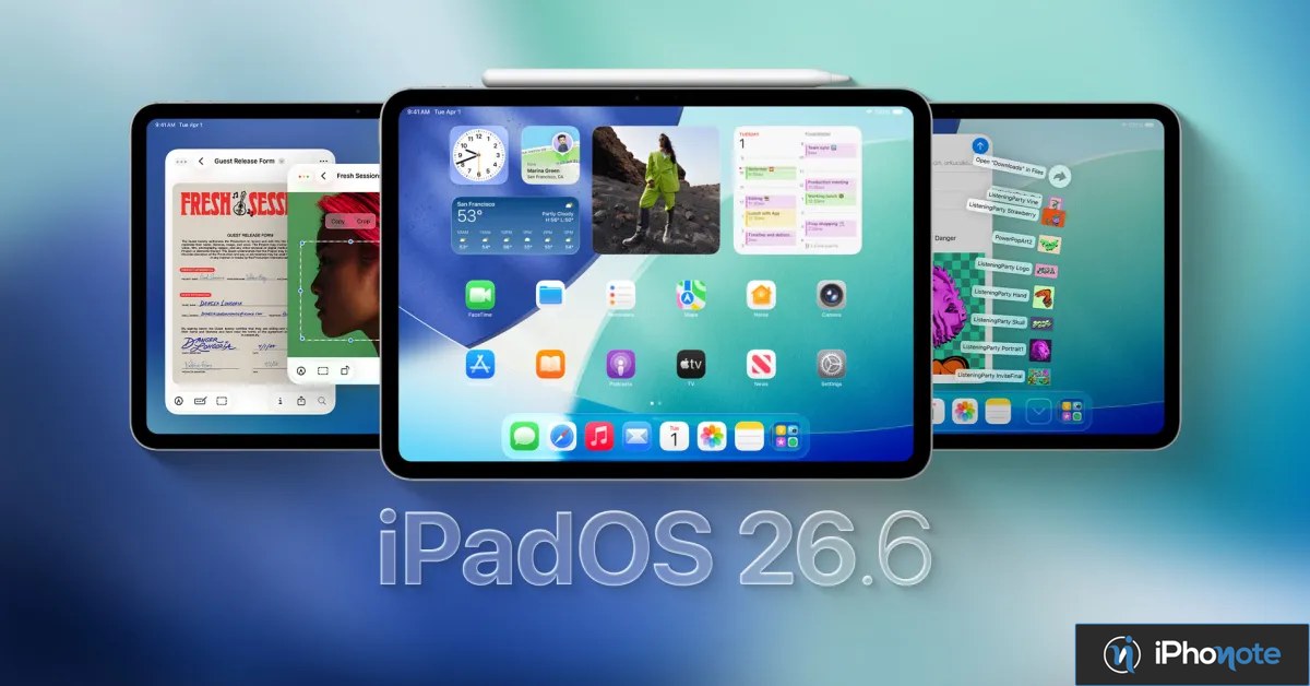 Trois iPad affichant l’écran d’accueil d’iPadOS 26.6