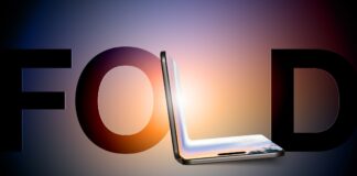 Rendu d’un iPhone pliable Apple partiellement ouvert