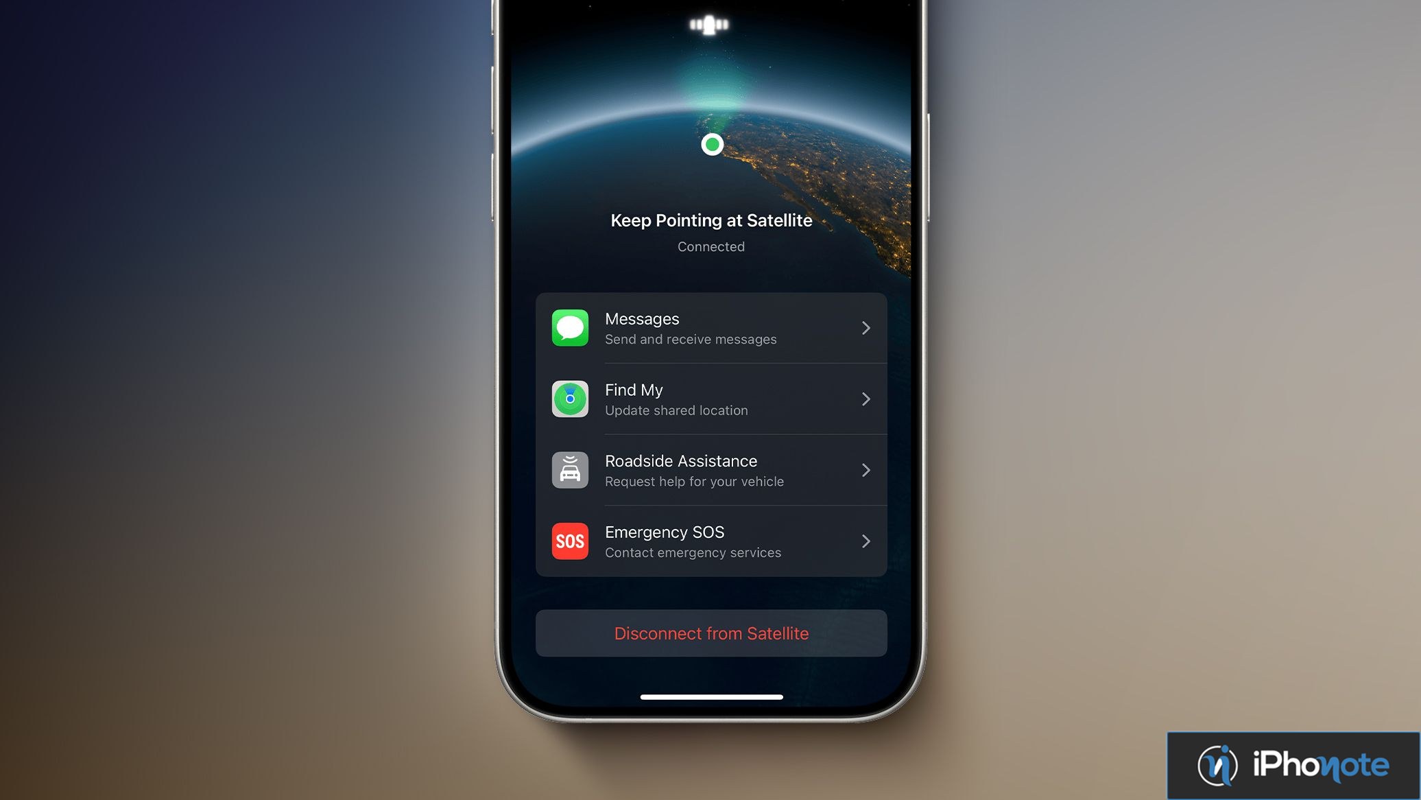 Écran d’iPhone montrant la connexion satellite et les services associés