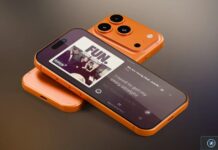iOS 27 élargit la prise en charge du mode paysage sur iPhone Rendu de deux iPhone orange, dont un affiche une interface musicale