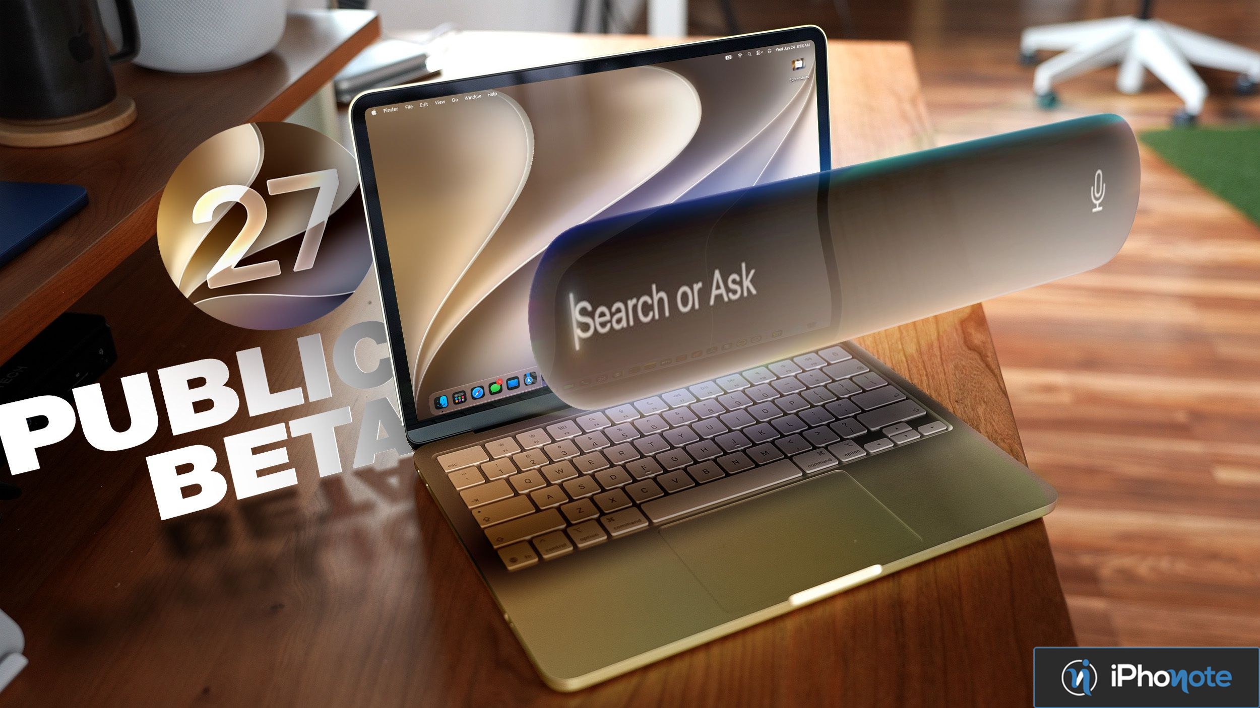 MacBook affichant une interface macOS avec Siri et une recherche vocale
