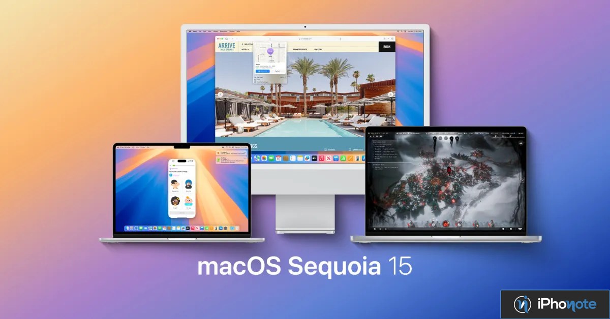 Visuel promotionnel de macOS Sequoia 15 sur plusieurs Mac