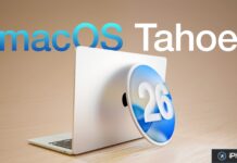 Ordinateur portable Apple avec visuel macOS Tahoe 26